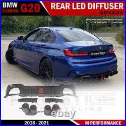For Bmw 3 Series G20 G21 M Sport Gloss Black Rear Diffuser Lip With Ligtht+tips